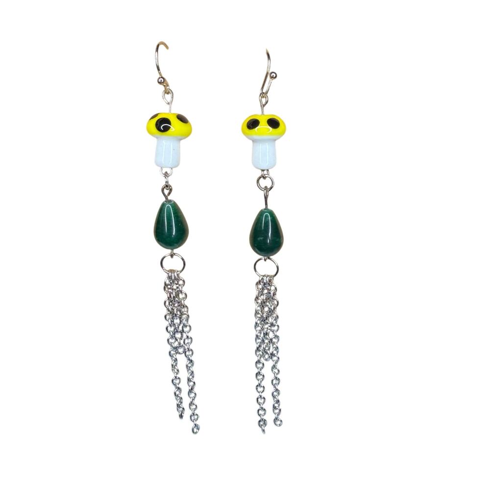 Jade and Ceramic Mushroom earrings with chain dangles